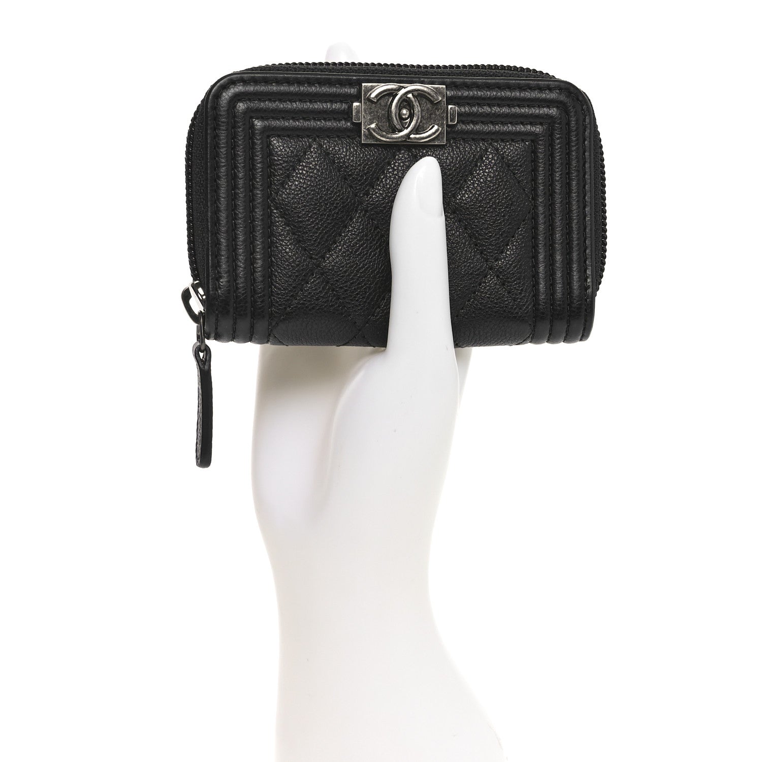 Chanel Grained Calfskin Quilted Boy Zip Around Coin Purse Wallet Black 2 of 8