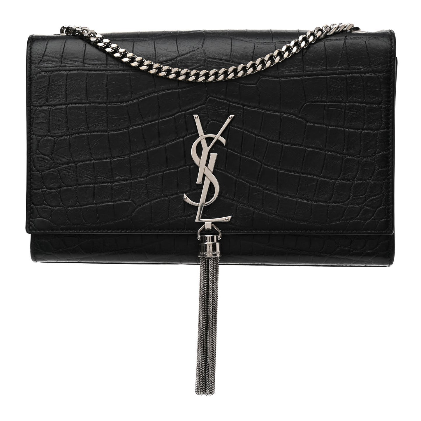 Calfskin Crocodile Embossed Medium Classic Monogram Kate Tassel Satchel Black