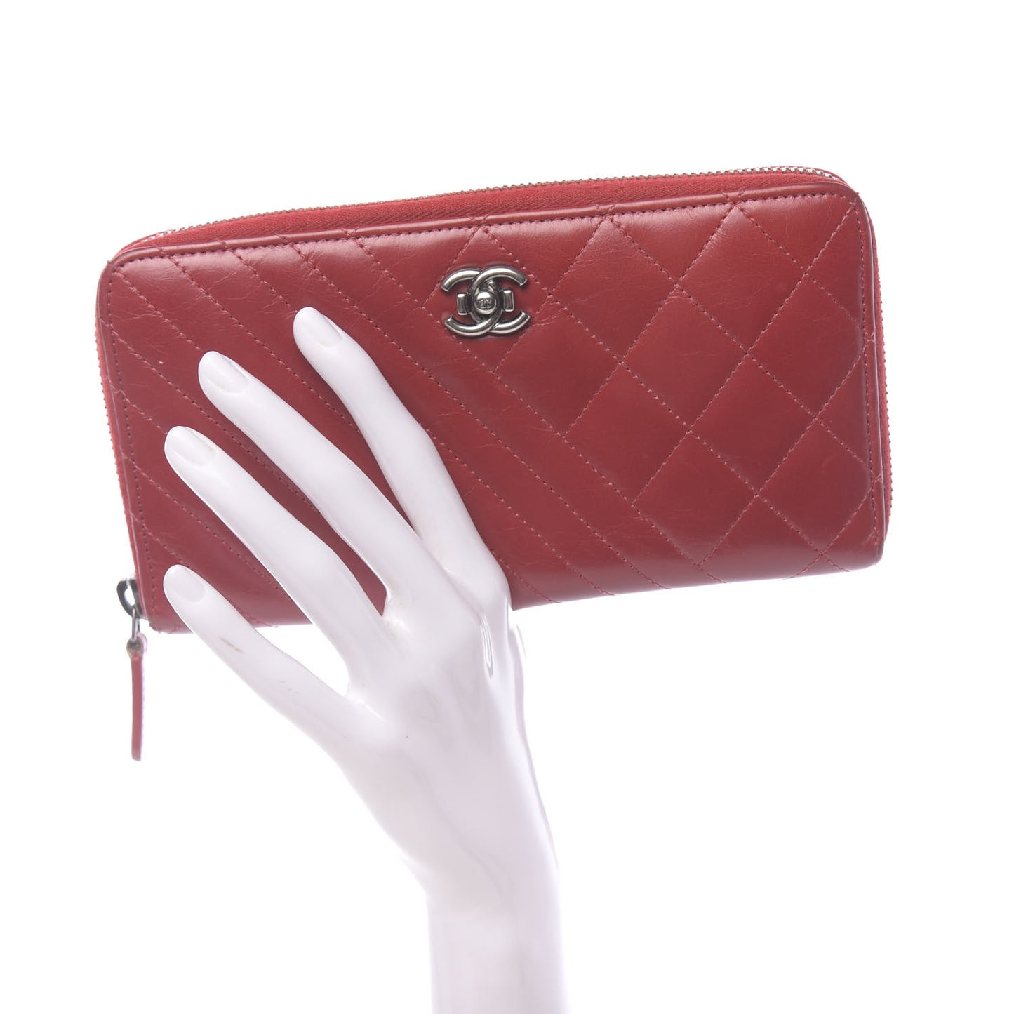Glazed Calfskin Coco Boy Large Gusset Zip Around Wallet Red