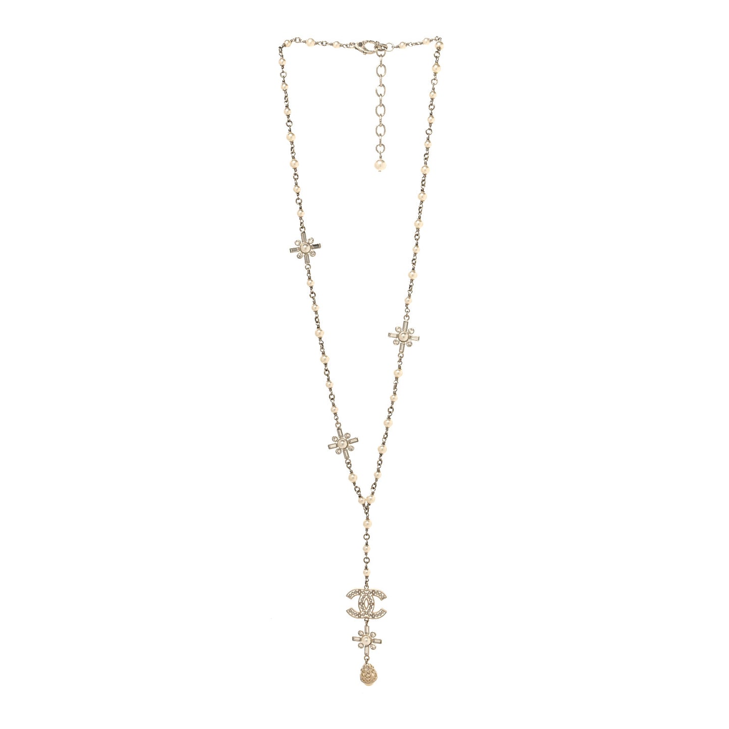 Crystal Baguette Pearl CC Cross Drop Pendant Necklace Gold