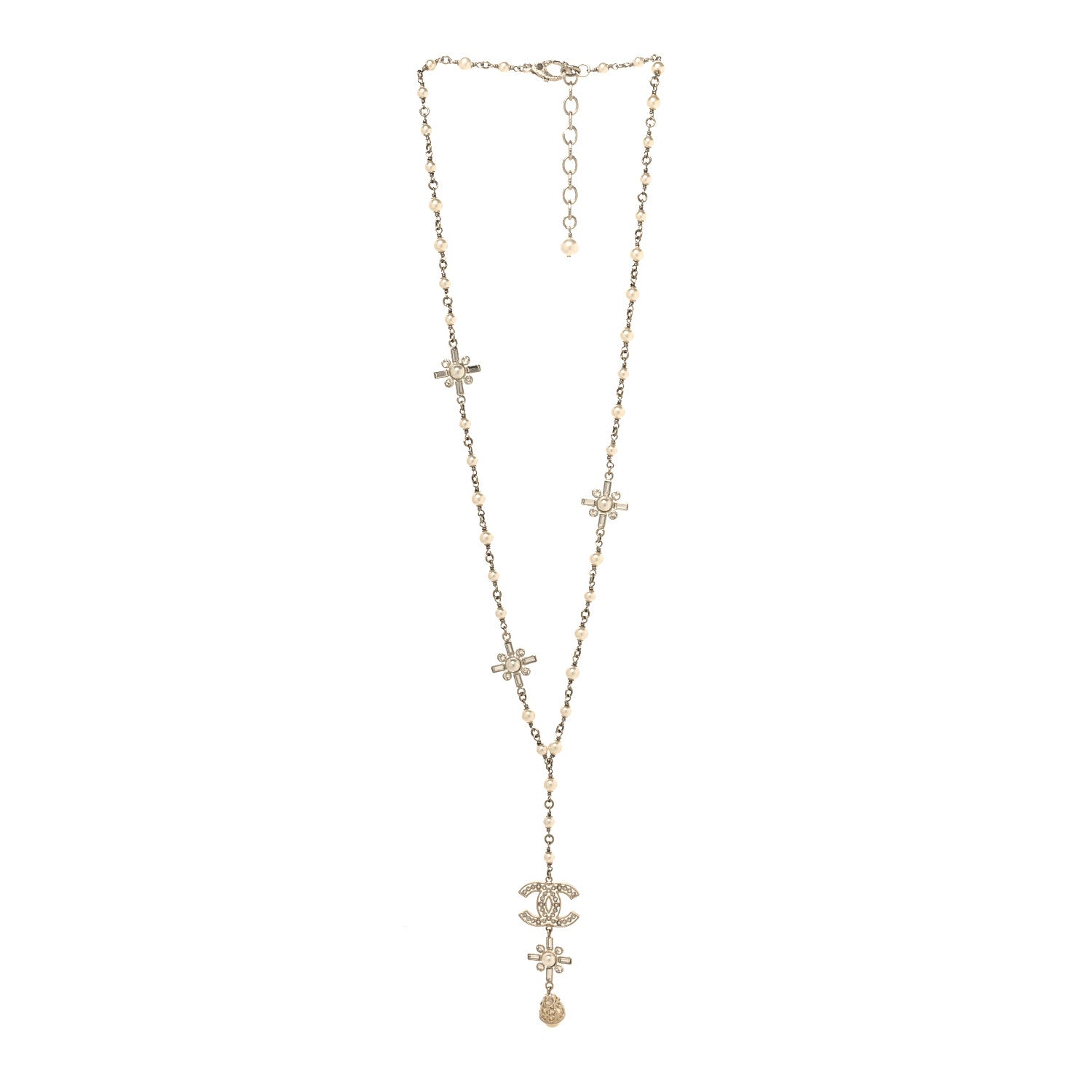 Chanel Crystal Baguette Pearl CC Cross Drop Pendant Necklace Gold 3 of 5