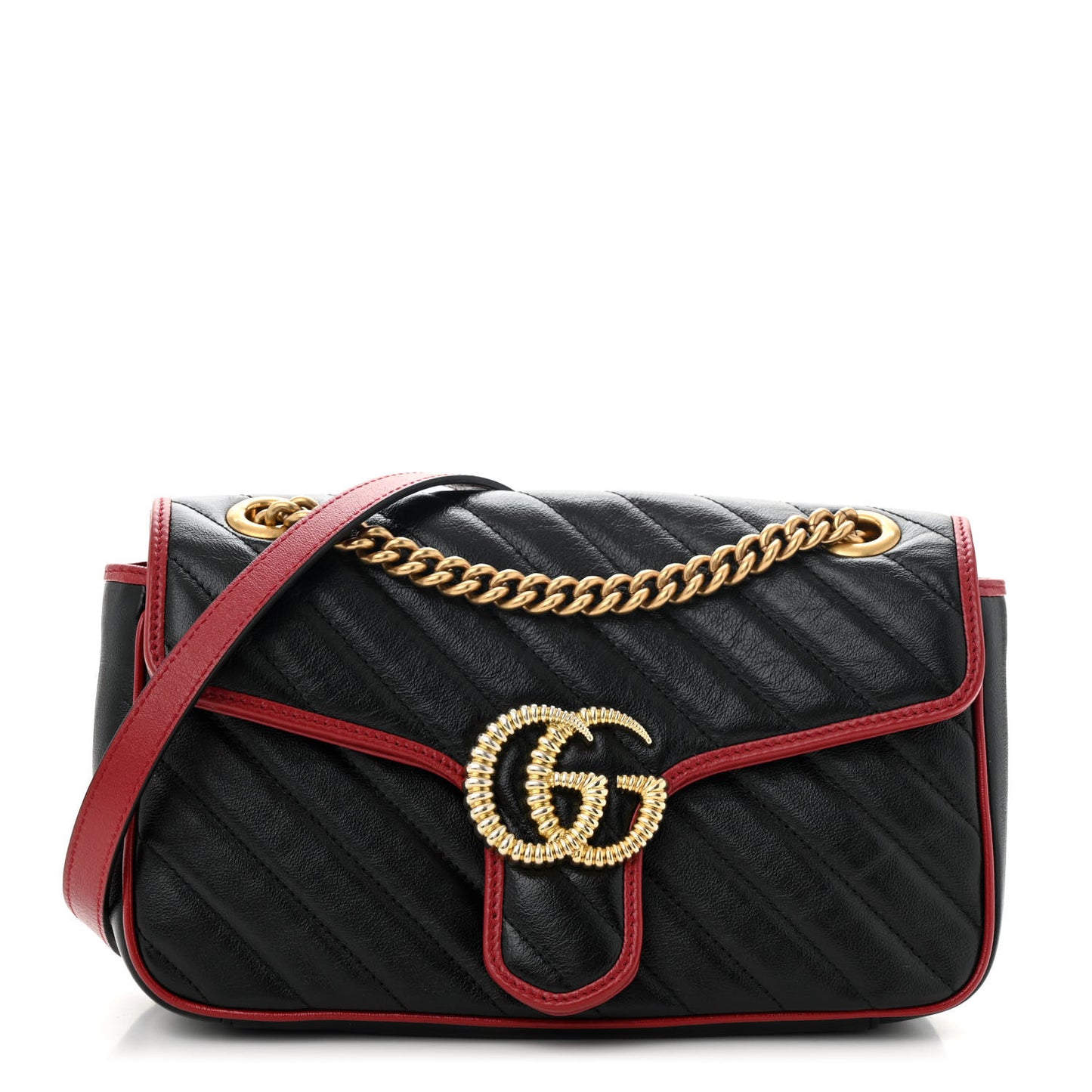 Vintage Effect Calfskin Matelasse Diagonal Small Torchon GG Marmont Shoulder Bag Black Romantic Cherry