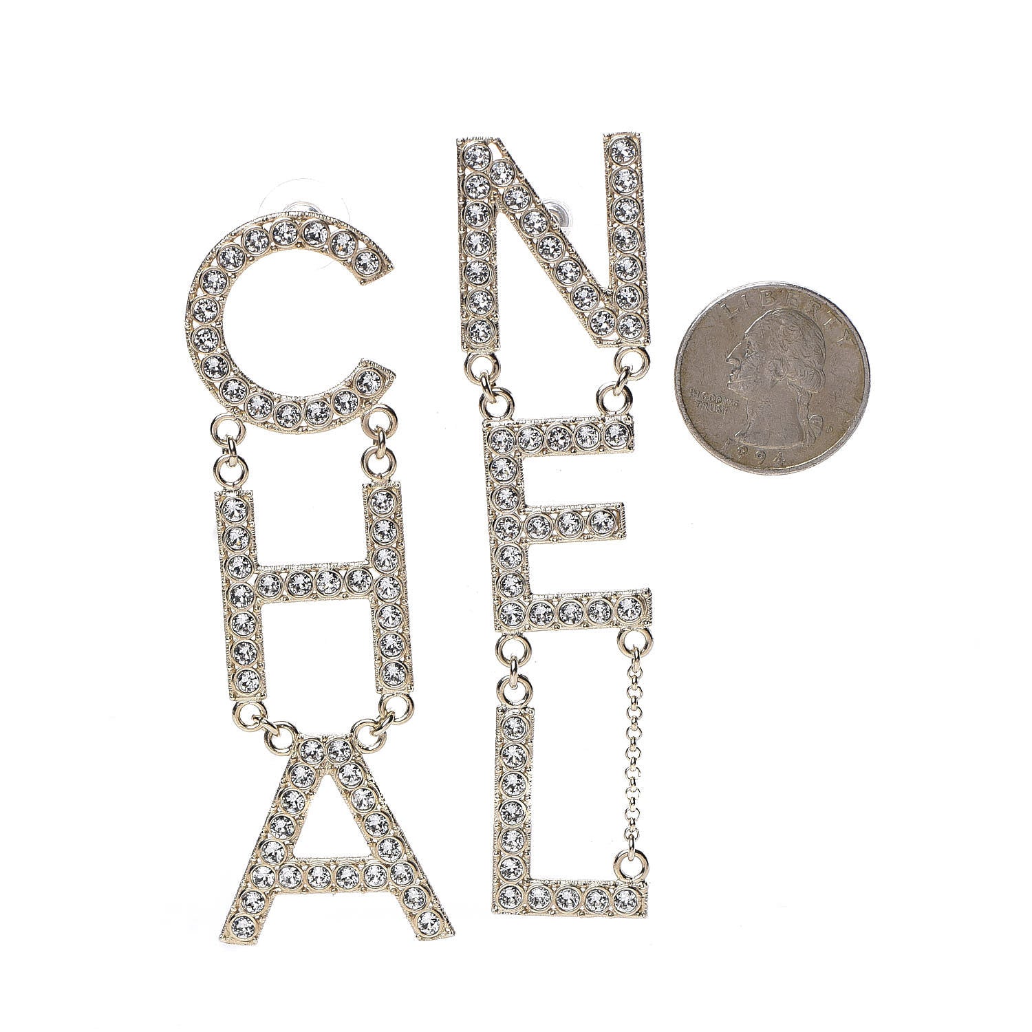 Chanel Crystal Cha-Nel Logo Drop Earrings Gold 2 of 5