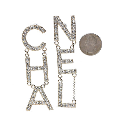 Chanel Crystal Cha-Nel Logo Drop Earrings Gold 2 of 5