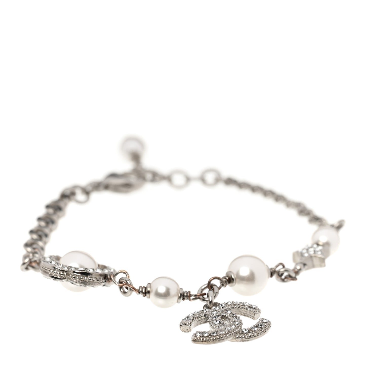 Crystal Pearl Camellia CC Coco Flapper Bracelet Silver