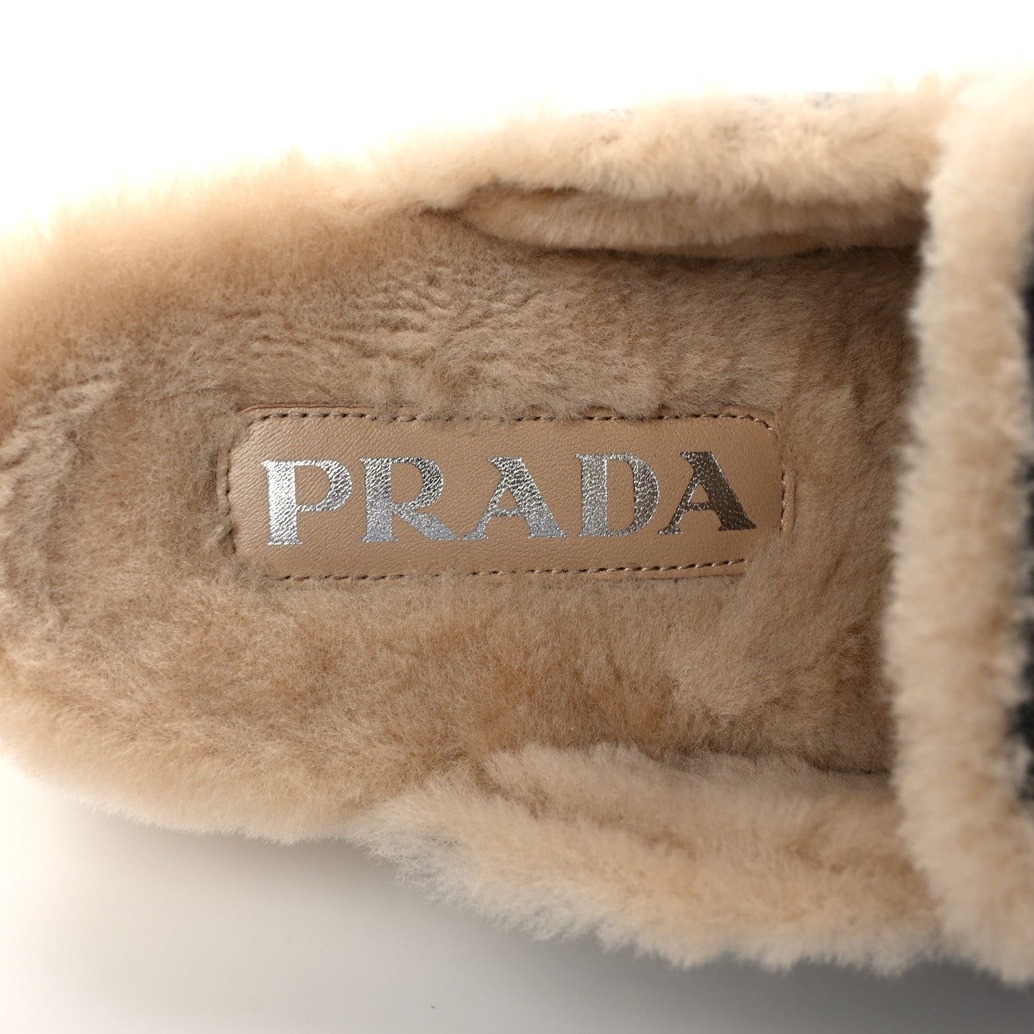 Prada Natural Calfskin Shearling Metal Triangle Logo 45mm Clogs 40 Black Sabbia 7 of 9