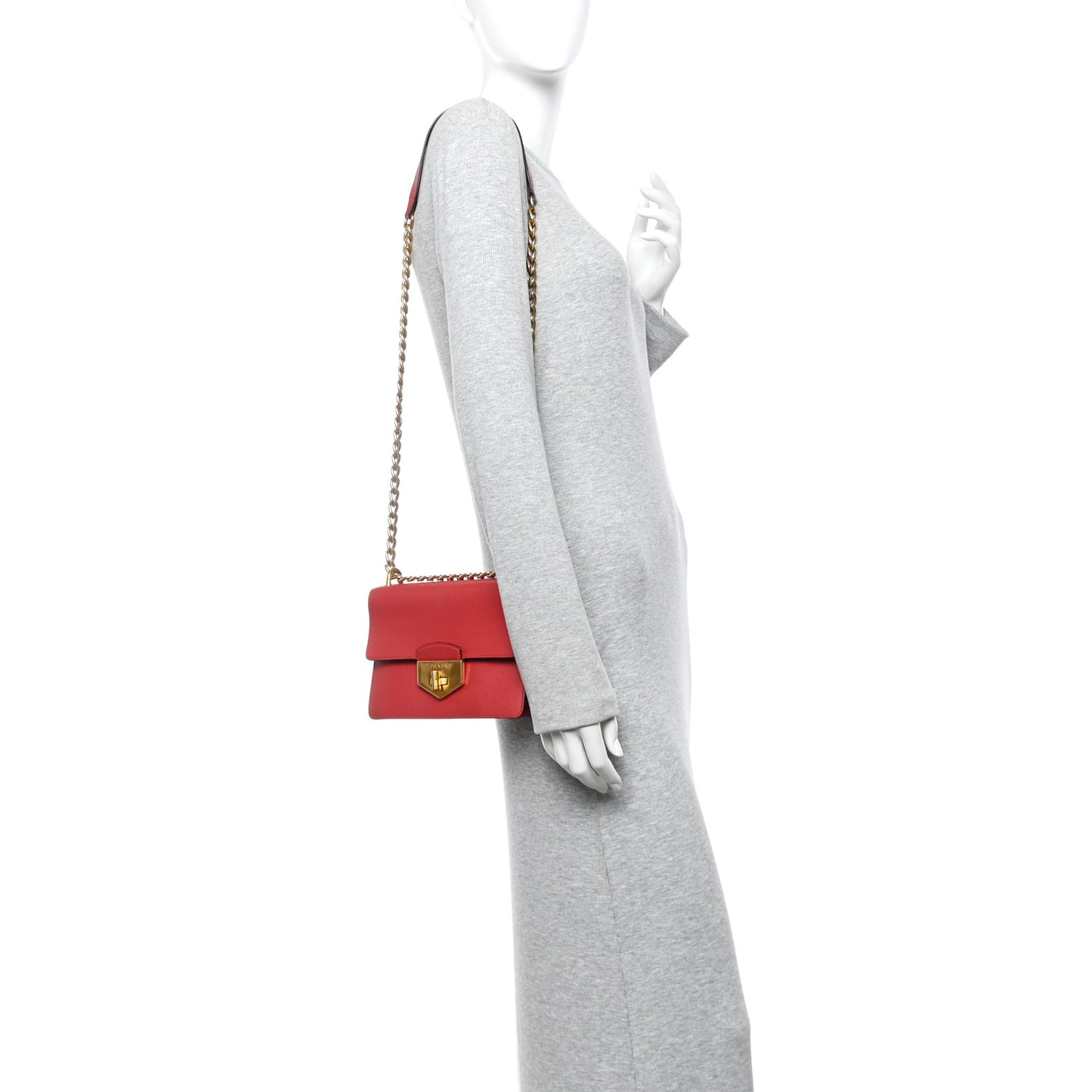 Saffiano Turn Lock Chain Shoulder Bag Fuoco