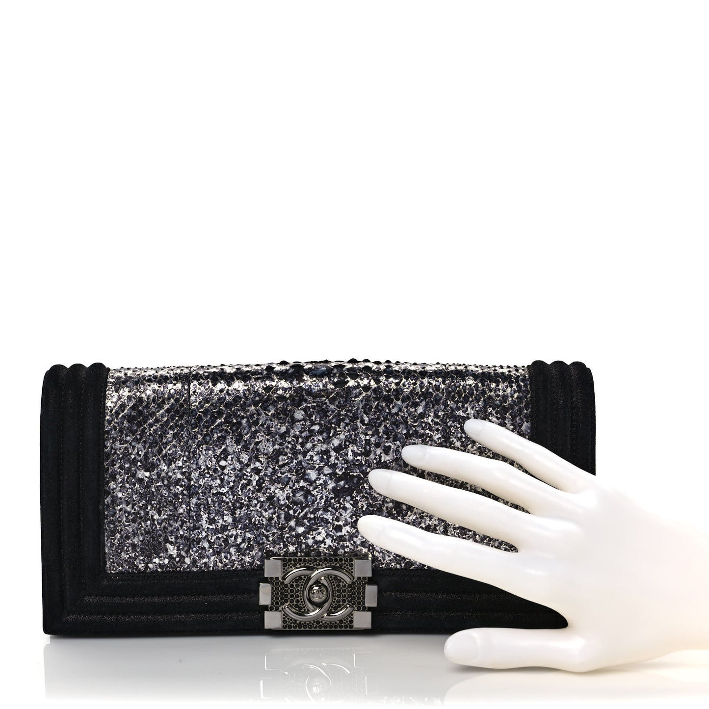 Iridescent Calfskin Python Crystal Boy Flap Clutch Black