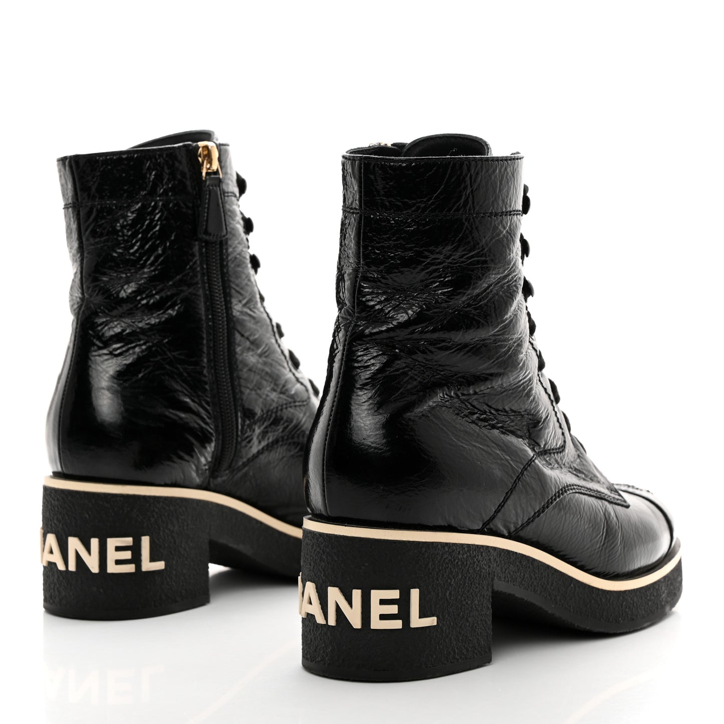 Shiny Crumpled Lambskin Lace Up Combat Boots 38 Black