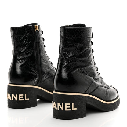 Chanel Shiny Crumpled Lambskin Lace Up Combat Boots 38 Black 4 of 10