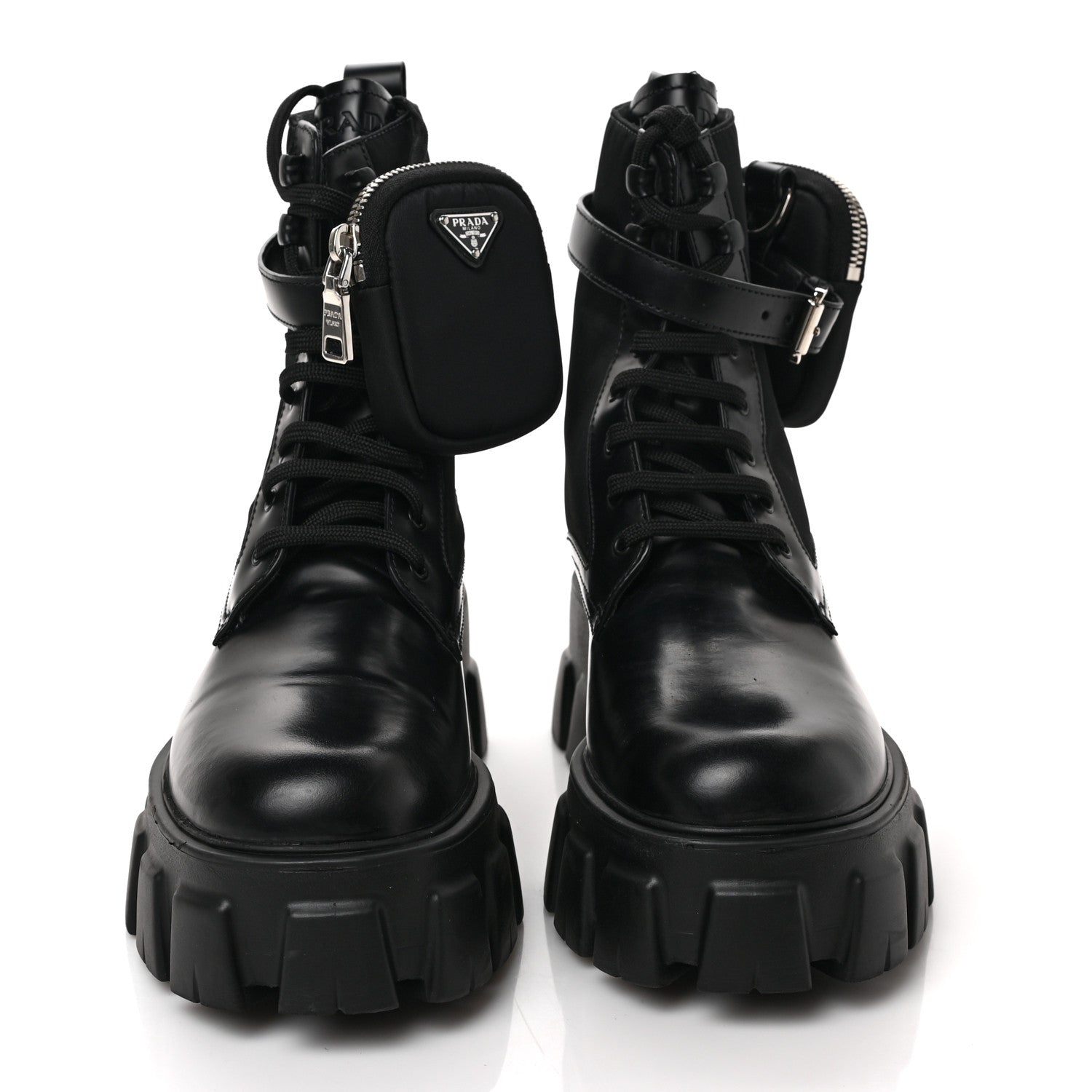 Prada Spazzolato Rois Nylon Metal Triangle Logo Monolith Pouch Pocket 55mm Boots 39 Black 2 of 8