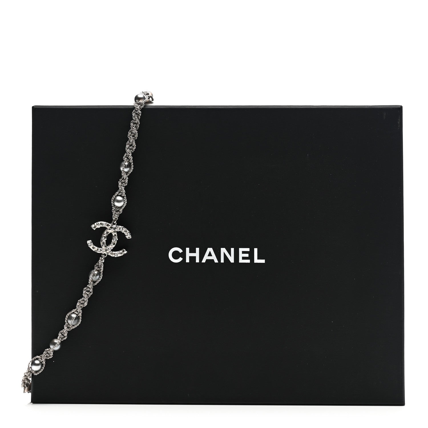 Chanel Crystal Pearl Bead CC Long Necklace Silver Grey 6 of 6