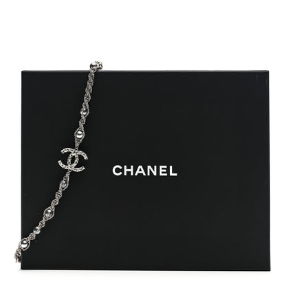 Chanel Crystal Pearl Bead CC Long Necklace Silver Grey 6 of 6