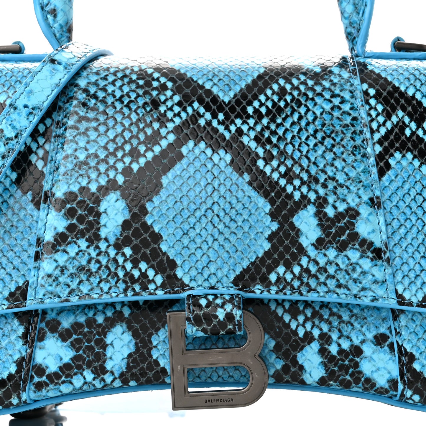 Shiny Calfskin Python Effect Small Hourglass Top Handle Bag Azur Black