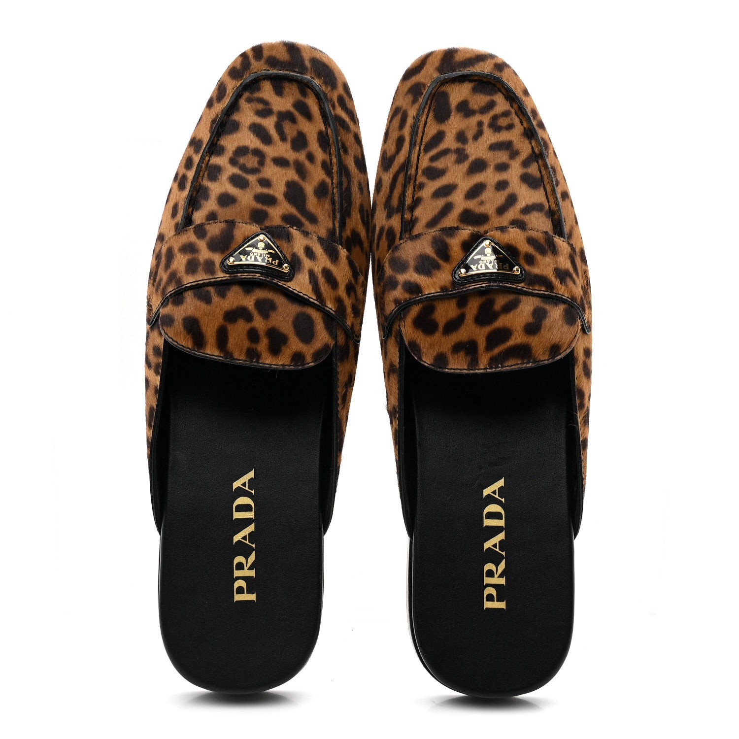 Prada Pony Hair Leopard Metal Triangle Logo 10mm Loafer Mules 40