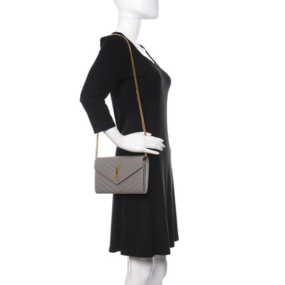 Saint Laurent Grain De Poudre Matelasse Chevron Monogram Chain Wallet Oyster Grey 2 of 13