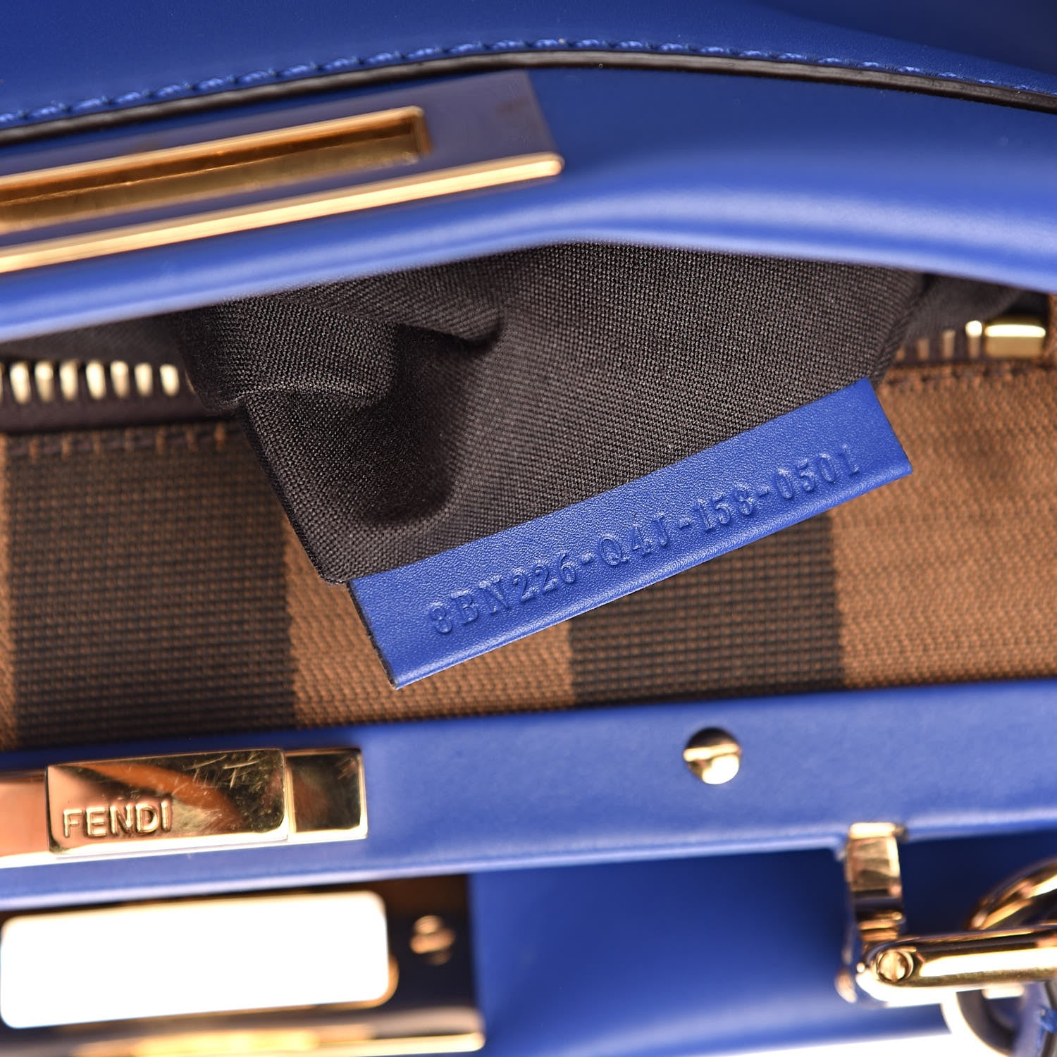 Fendi Vitello Morgan Fabric Jacquard Pequin Medium Peekaboo Iconic Satchel Blue Neon Tobacco 9 of 11