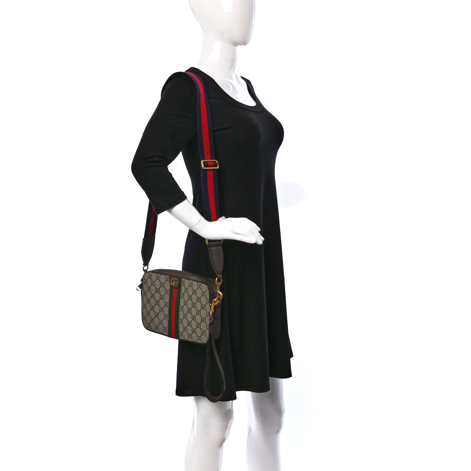 Gucci GG Supreme Monogram Textured Dollar Calfskin Web Ophidia Wristlet Shoulder Bag Beige Ebony New Acero 2 of 9