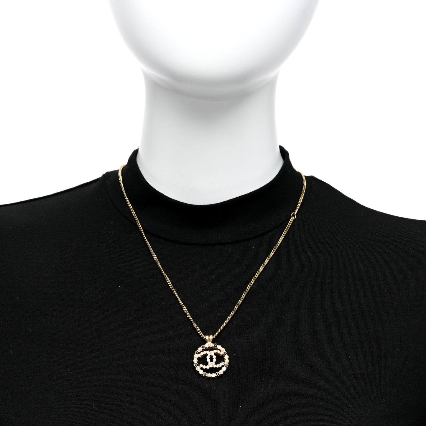 Pearl Crystal CC Round Pendant Necklace Gold Black