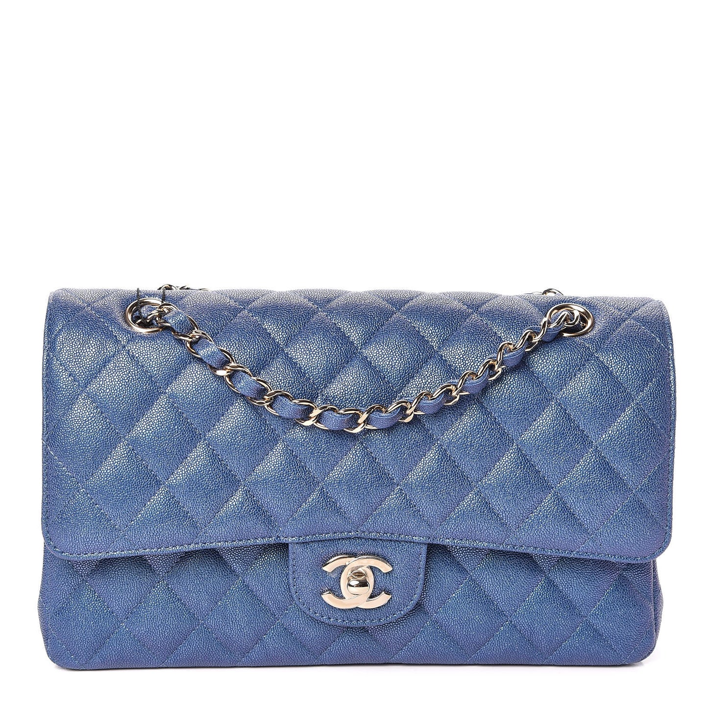 Iridescent Caviar Quilted Medium Double Flap Dark Blue