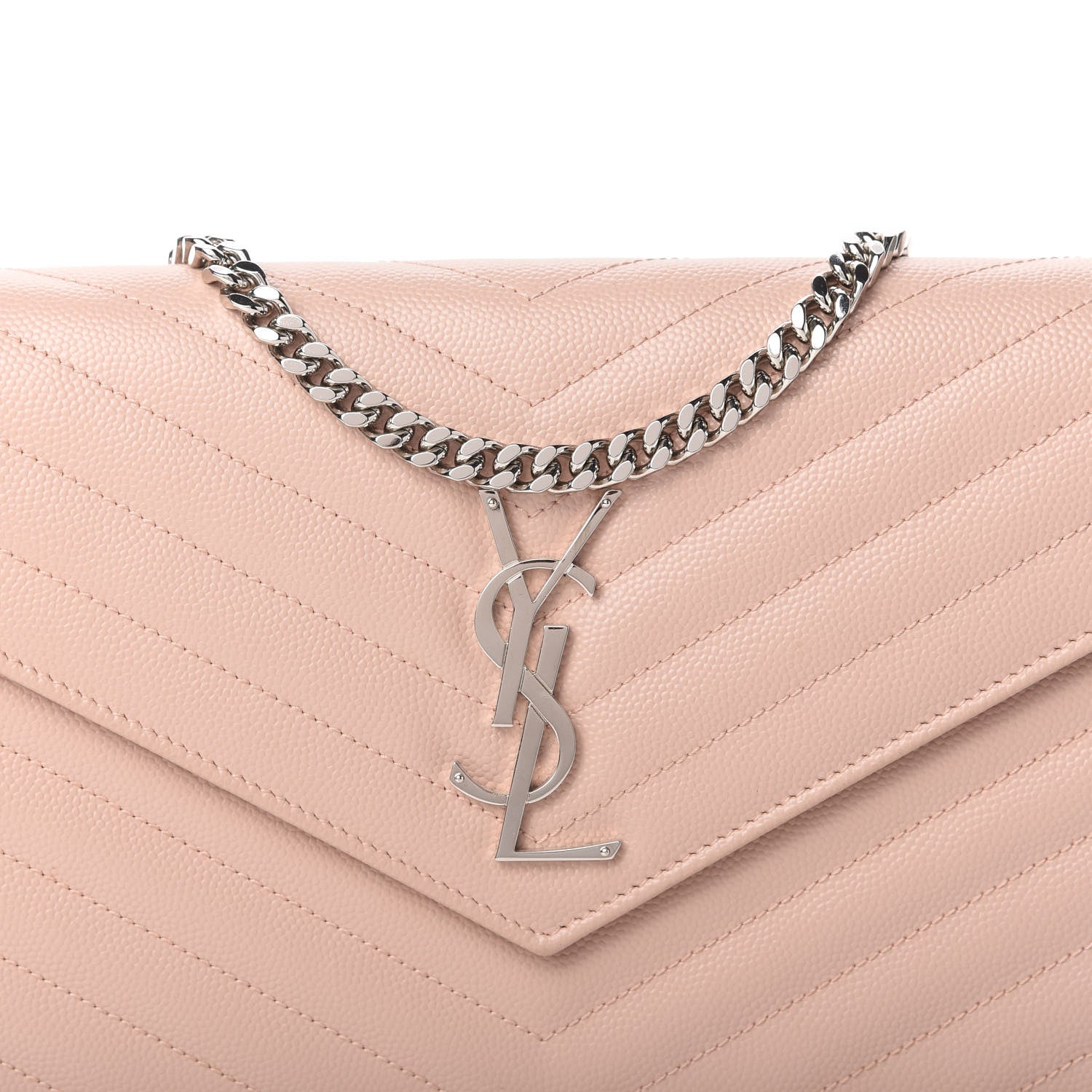 Saint Laurent Grain De Poudre Matelasse Chevron Monogram Chain Wallet Pale Pink 9 of 10