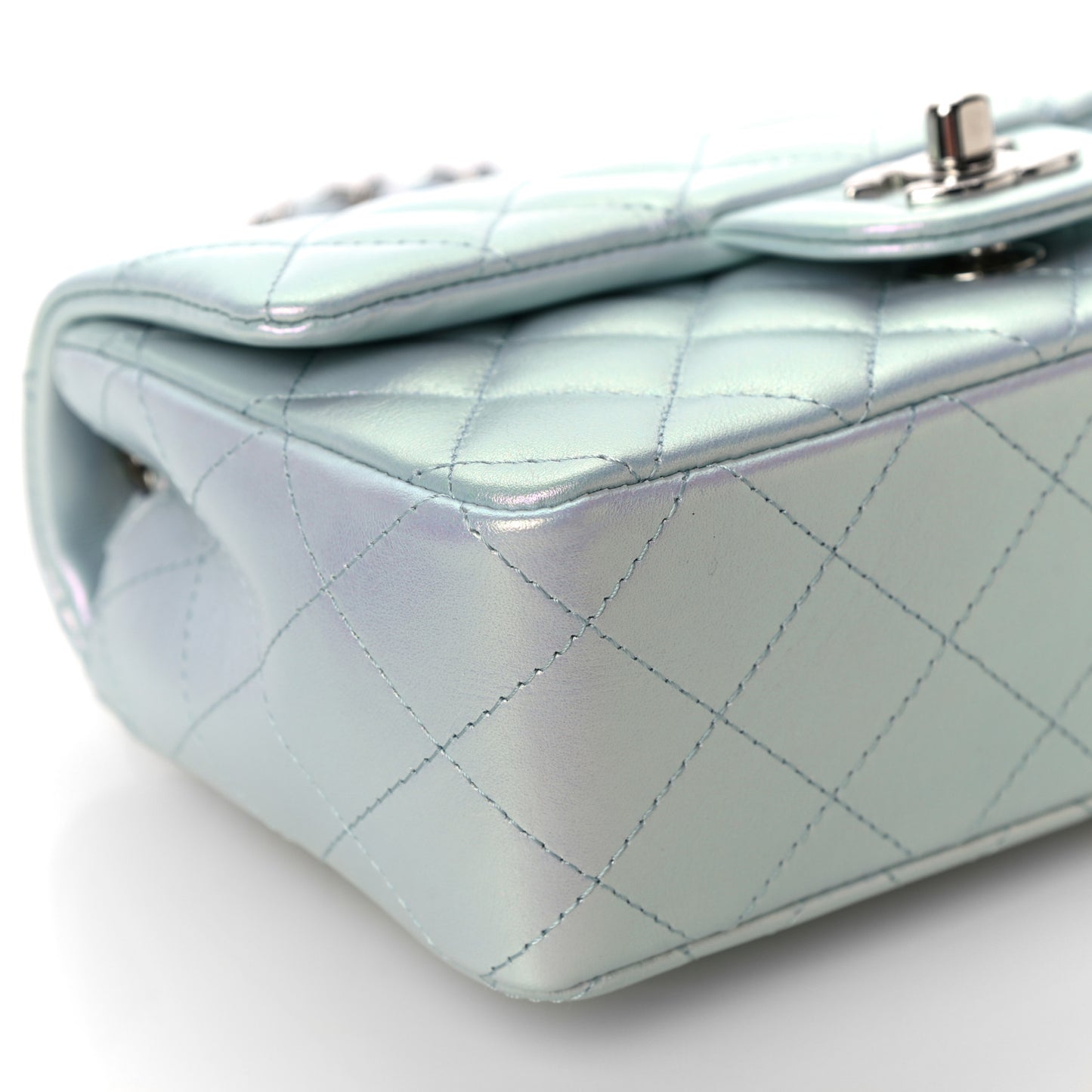 Iridescent Calfskin Quilted Mini Rectangular Flap Light Blue