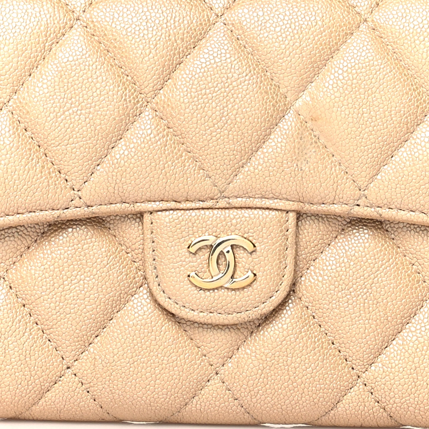 Iridescent Caviar Quilted Long Flap Wallet Beige