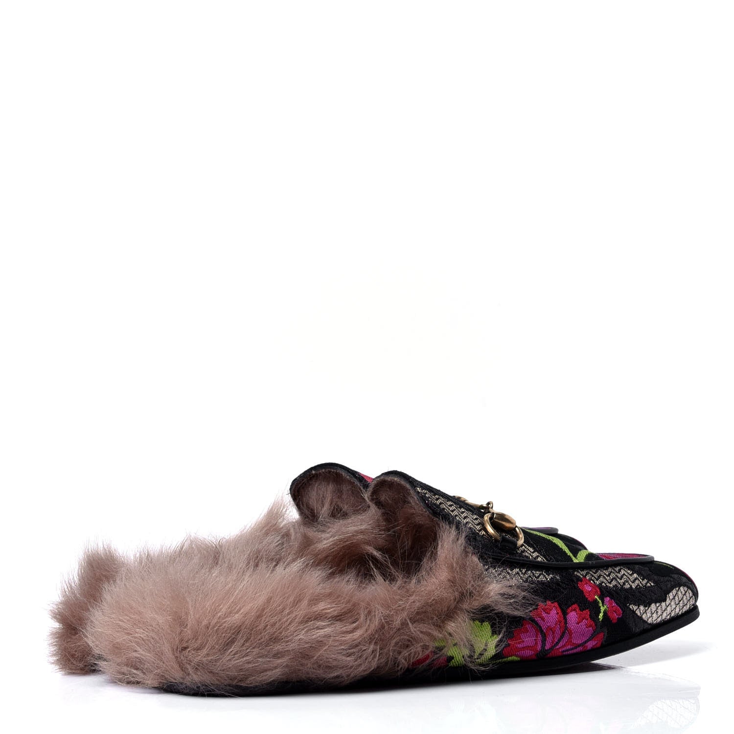 Gucci Brocade Fur Floral Womens Princetown Slippers 37 Black Anthracite 3 of 6