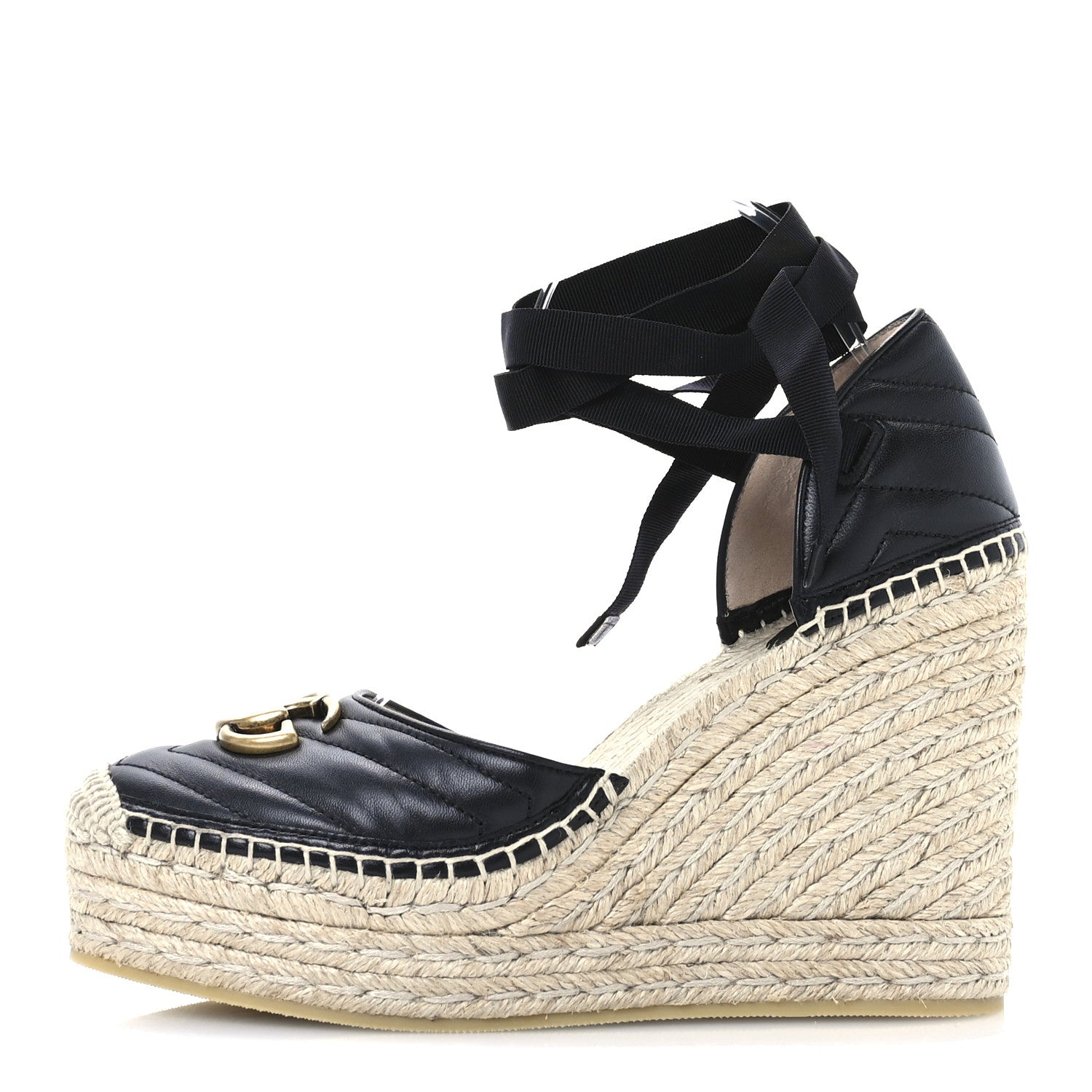 Gucci Nappa Matelasse GG Marmont Ankle Wrap Platform 35/120mm Espadrille Wedges 40.5 Black 1 of 9