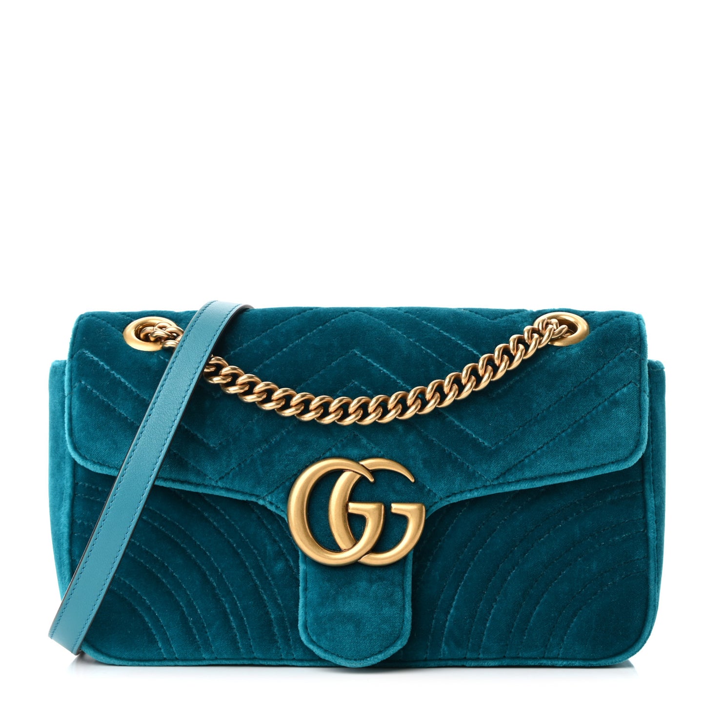 Velvet Matelasse Small GG Marmont Shoulder Bag Pavone Cyan