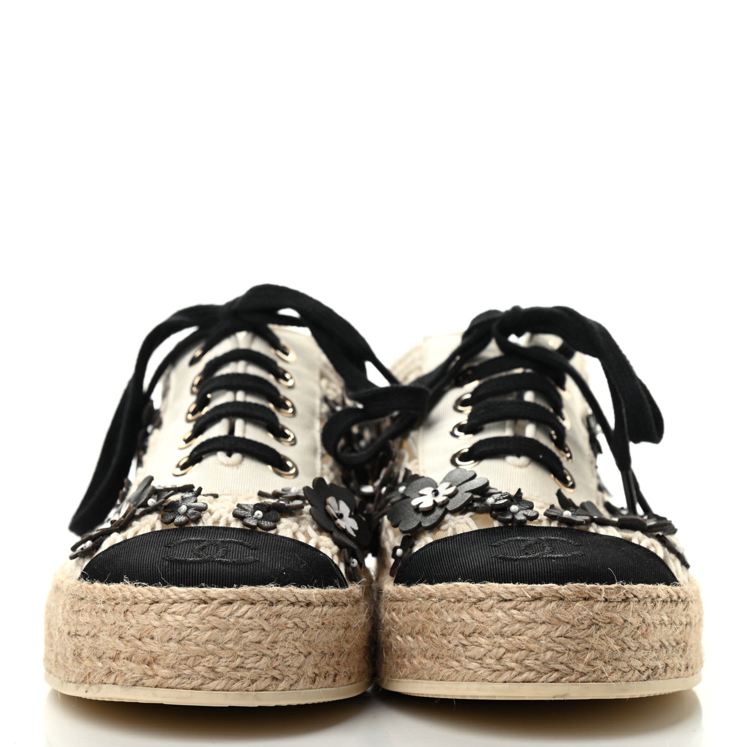 Chanel Cotton Grosgrain Broderie Lace Up Espadrilles 36 White Black 2 of 9