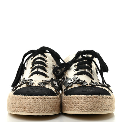 Chanel Cotton Grosgrain Broderie Lace Up Espadrilles 36 White Black 2 of 9