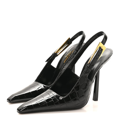 Saint Laurent Calfskin Crocodile Embossed Slingback Graham Pumps 38 Black 4 of 9