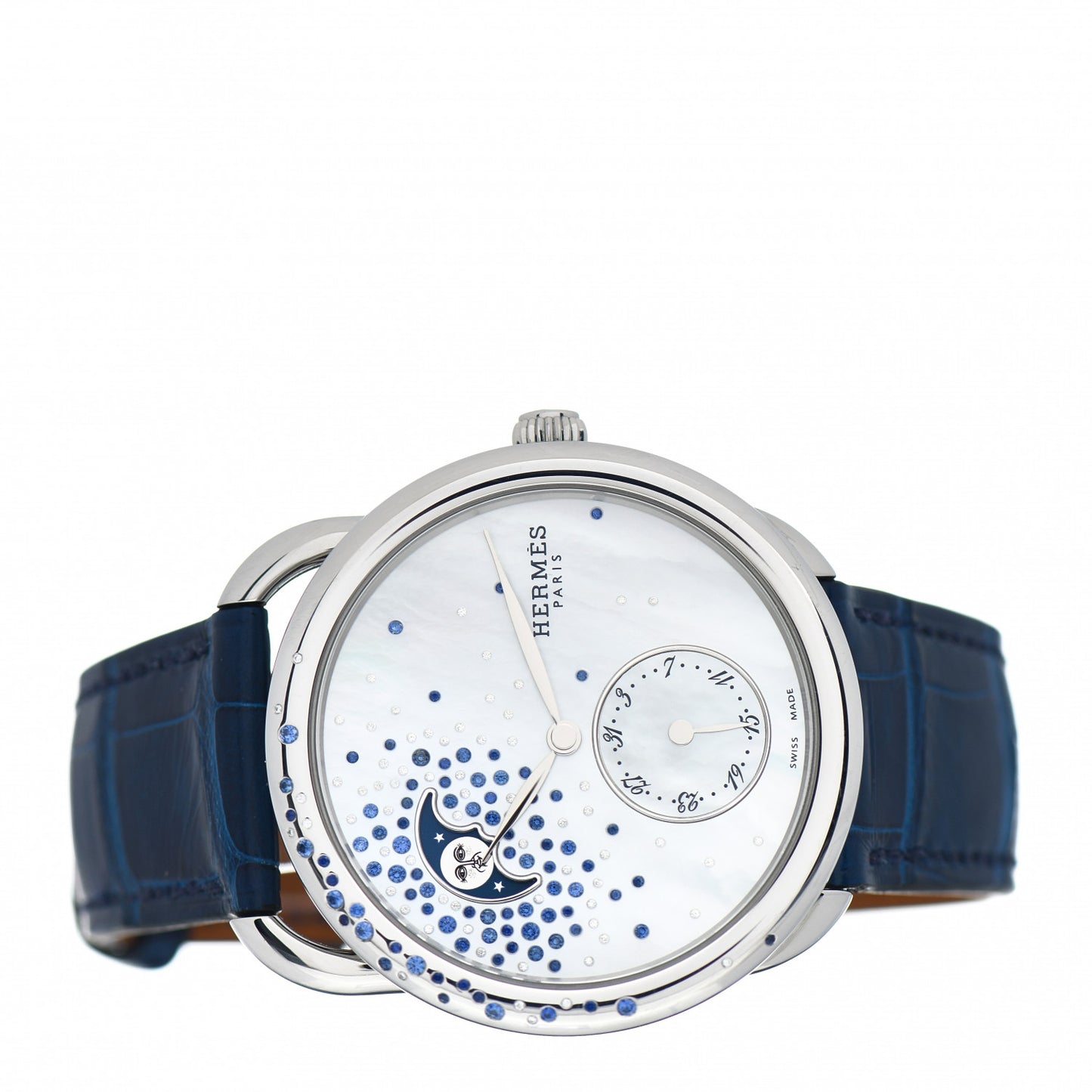 Stainless Steel Alligator Diamond Blue Sapphire Mother of Pearl 38mm Arceau Petite Lune Automatic Watch Bleu Saphir