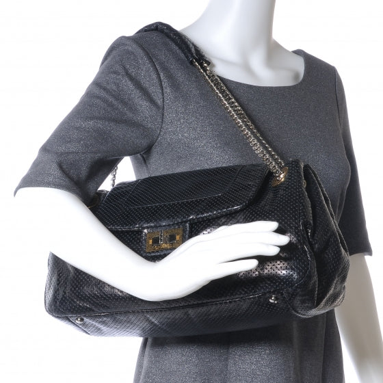 Chanel Metallic Calfskin Perforated Large Drill Accordion Flap Black 2 of 7