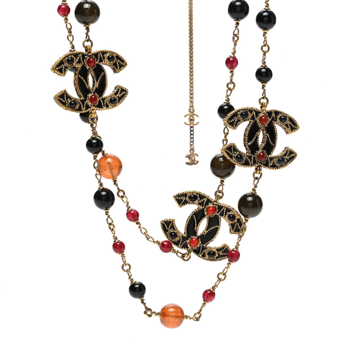 Gripoix Poured Glass CC Long Necklace Gold Multicolor