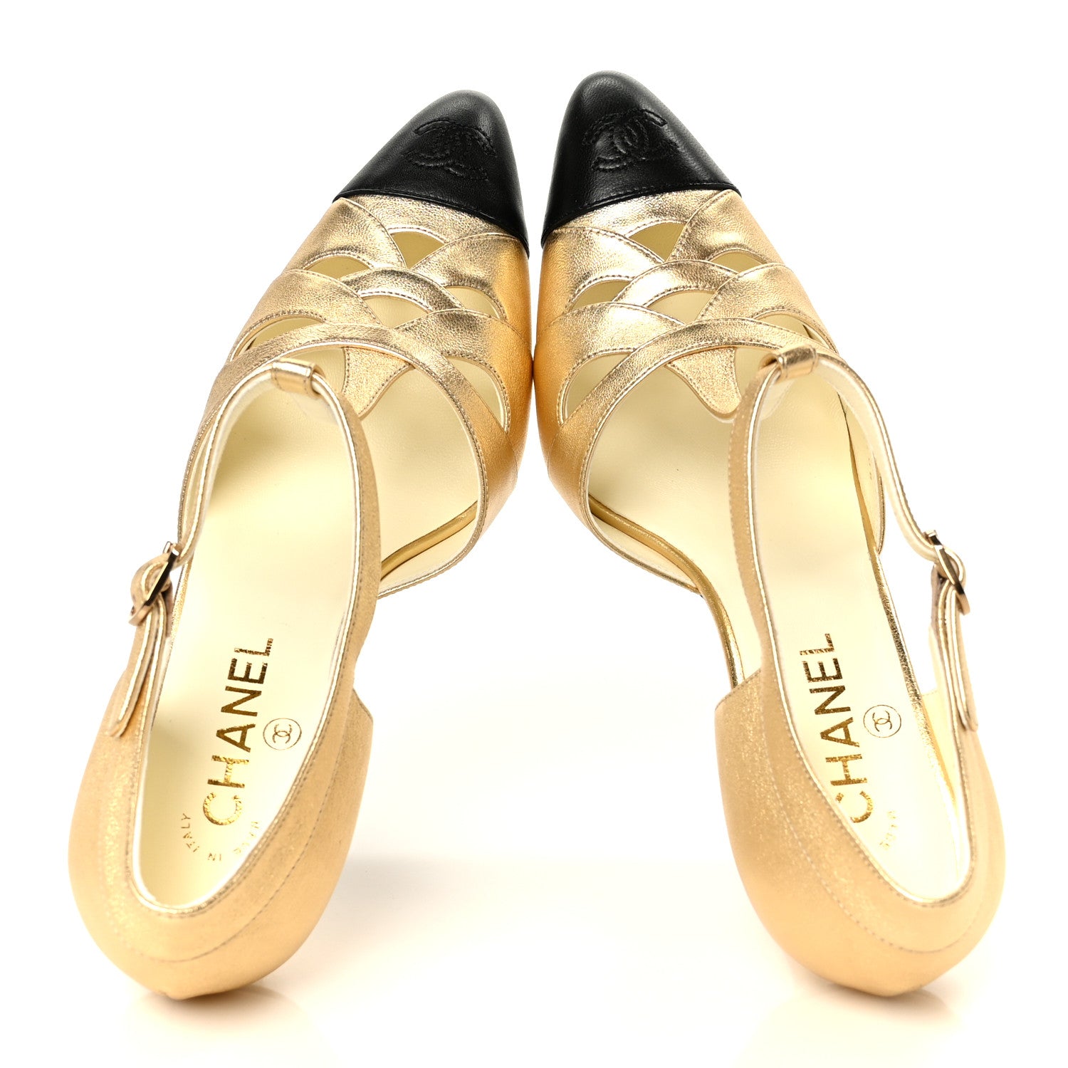 Chanel Laminated Lambskin Cap Toe CC Mary Jane Pumps 39.5 Gold Black 2 of 10