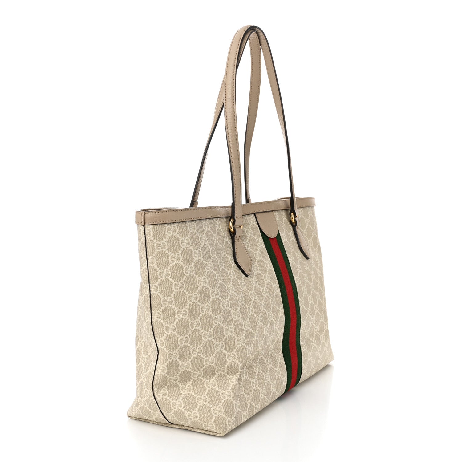 Gucci GG Supreme Monogram Textured Dollar Calfskin Web Medium Ophidia Shopping Tote Beige Mystic White Oatmeal 3 of 11