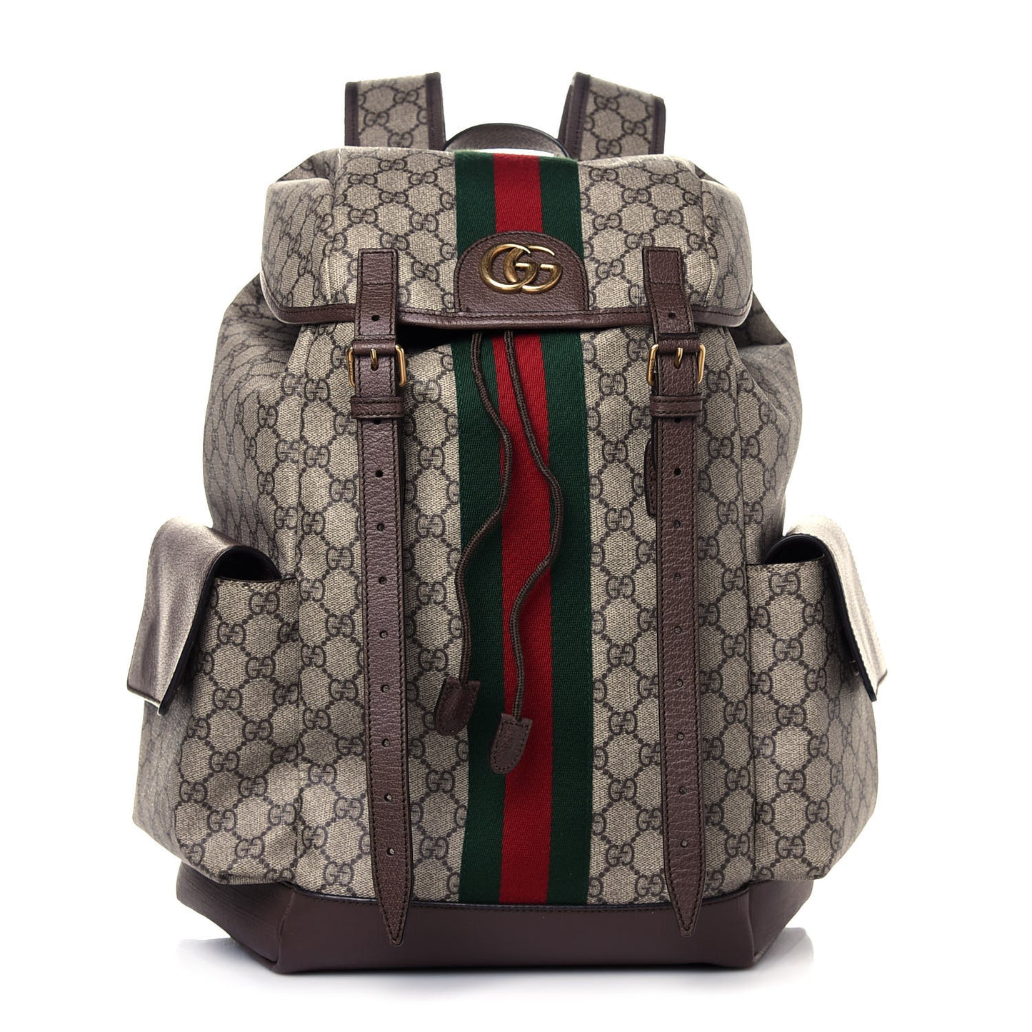 GG Supreme Monogram Medium Ophidia Double Buckle Backpack Brown