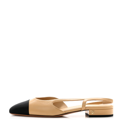 Chanel Goatskin Grosgrain Cap Toe CC Slingback Sandals 36 Beige Black 1 of 10