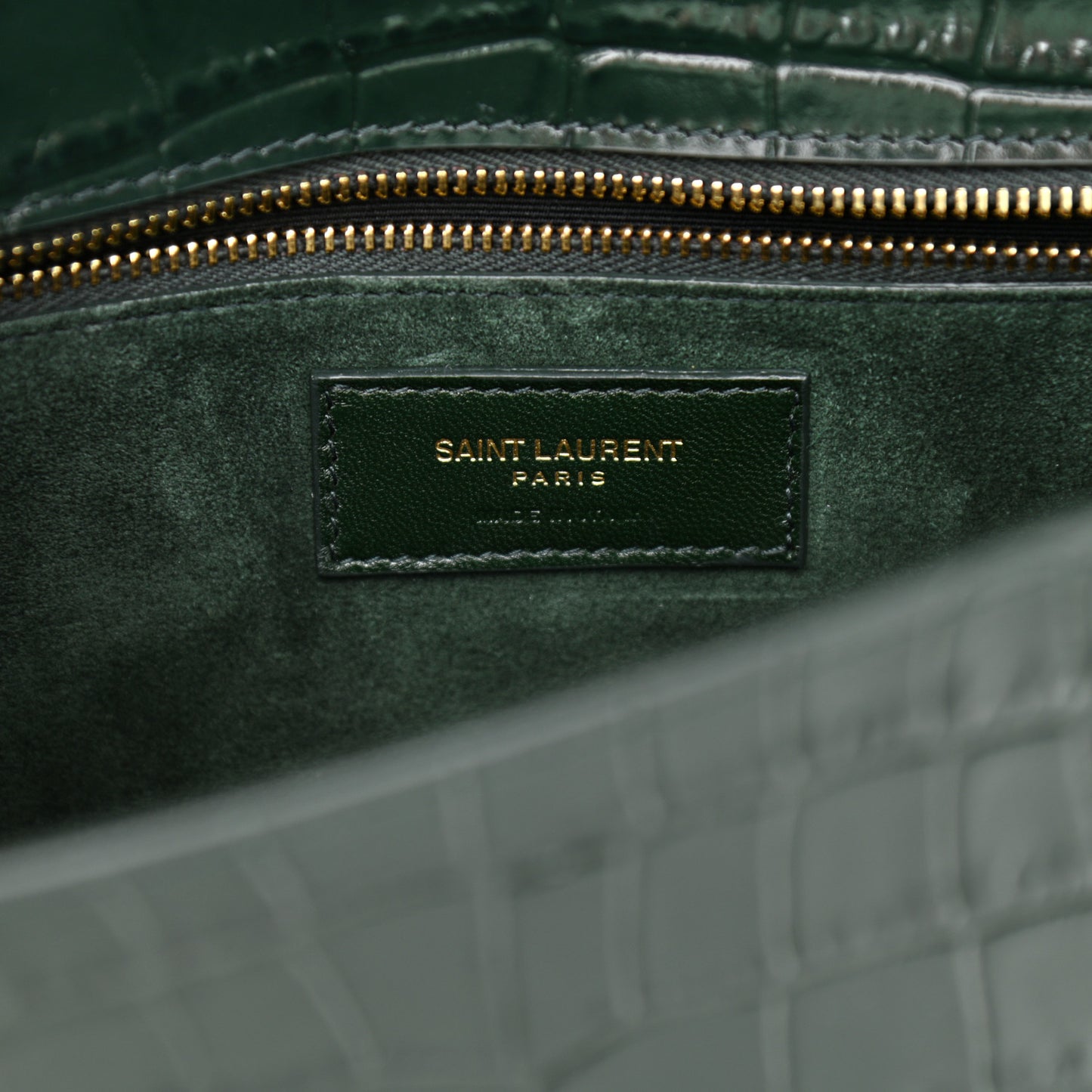 Calfskin Crocodile Embossed Carre Satchel Dark Mint
