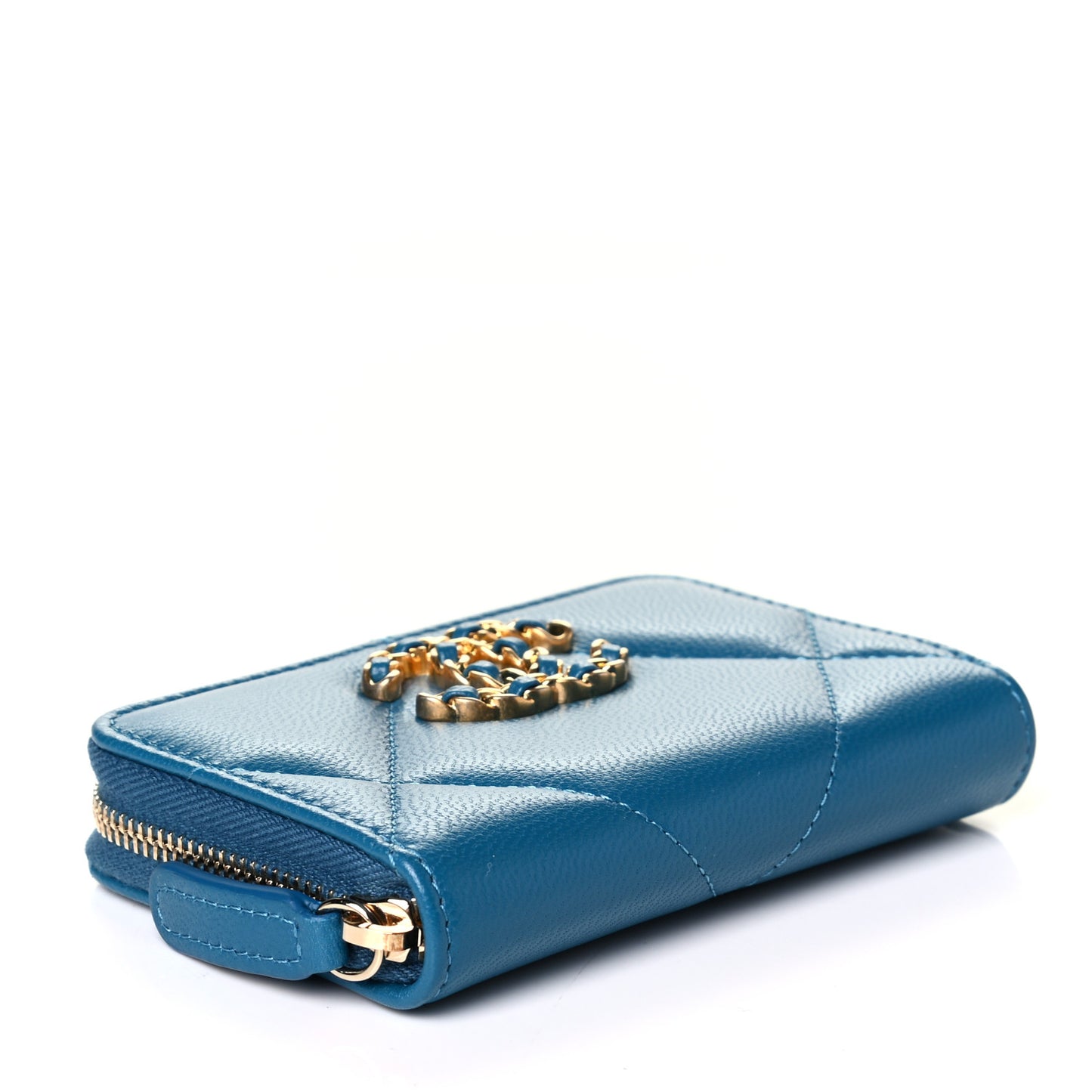 Goatskin Quilted Chanel 19 Zip Around Coin Purse Wallet Turquoise