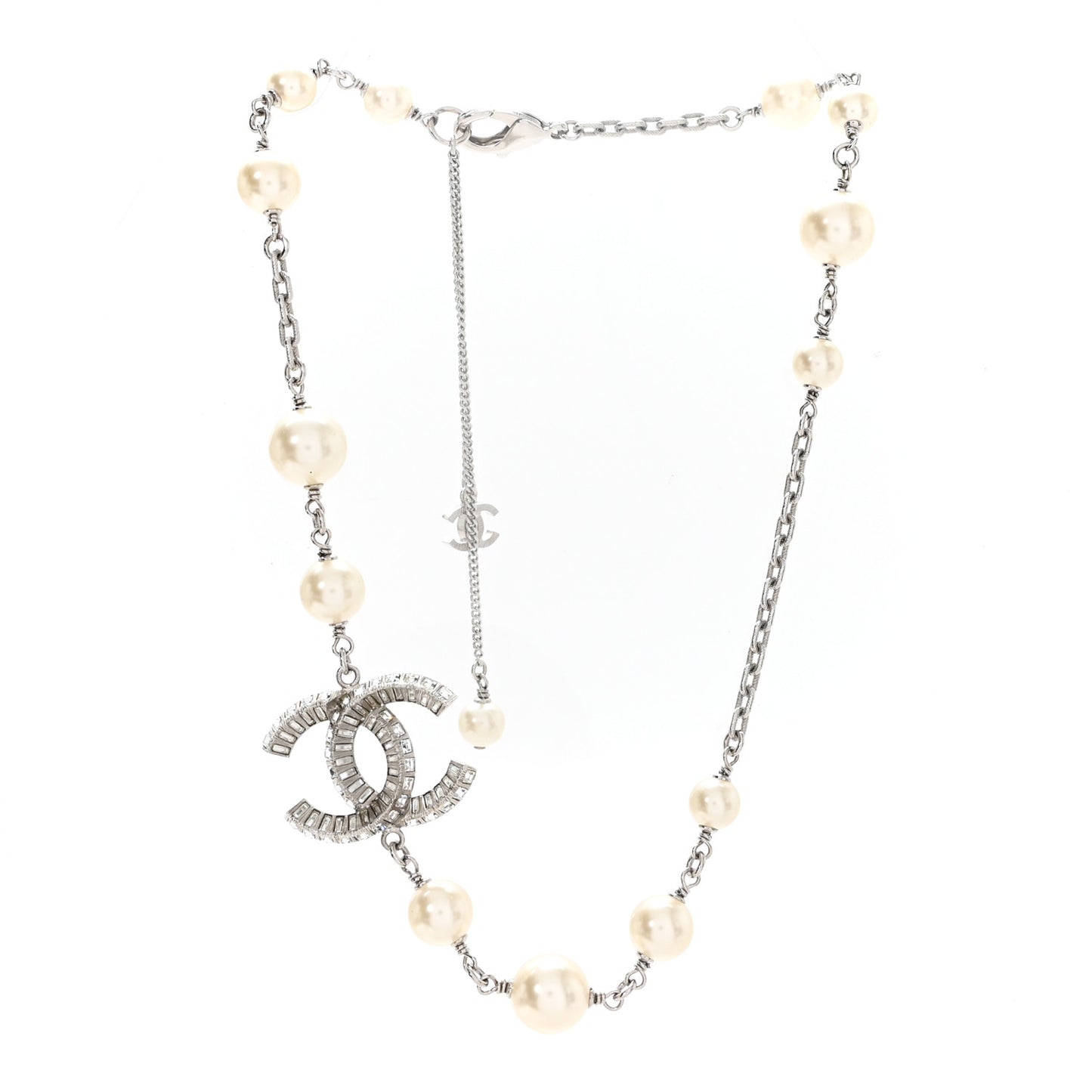 Pearl Crystal Baguette CC Short Necklace  Silver