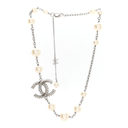 Chanel Pearl Crystal Baguette CC Short Necklace  Silver 3 of 4