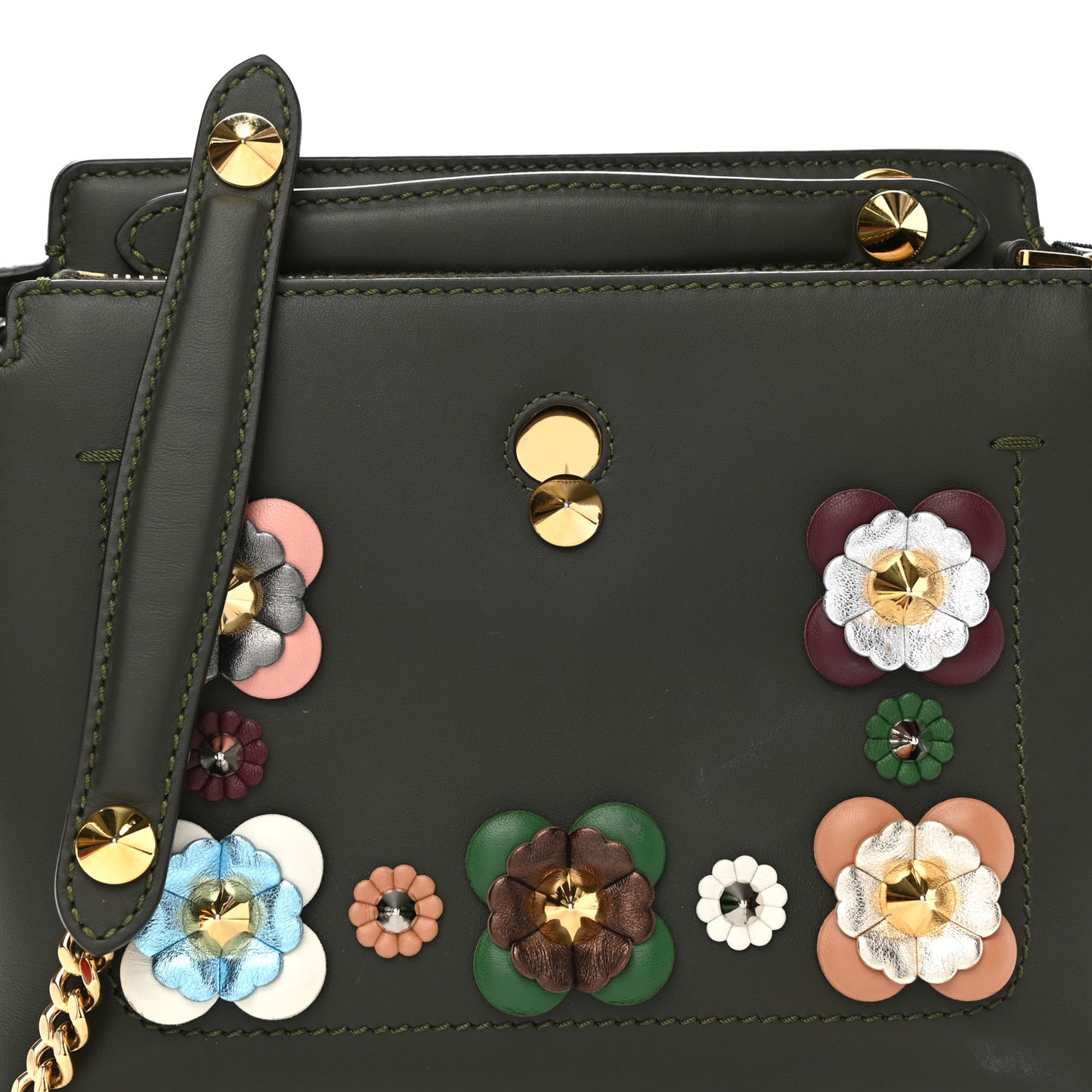 Vitello Baltico Nappa Flowerland Studded Small Dotcom Click Chain Satchel Verde Prato Multicolor