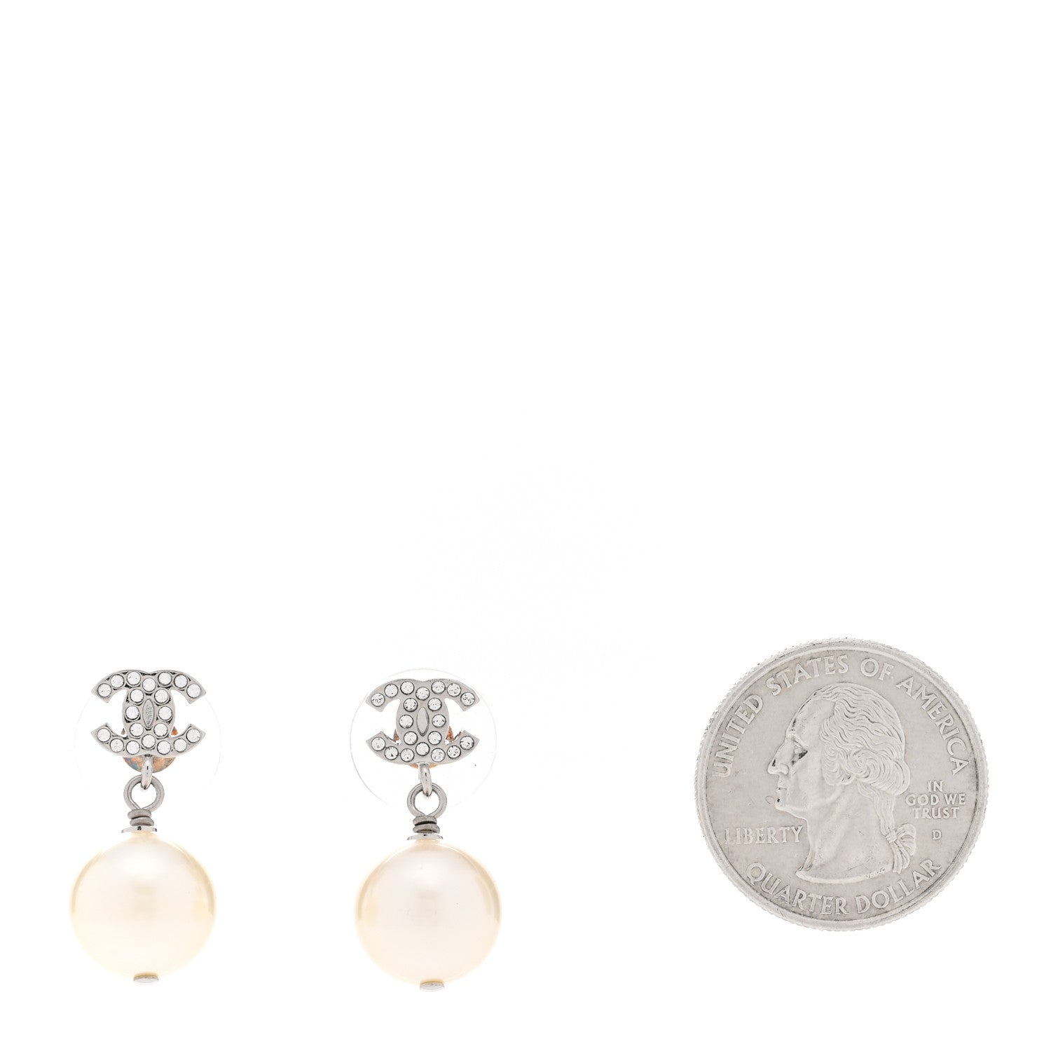 Chanel Crystal Pearl CC Drop Earrings Silver Pearly White 2 of 5