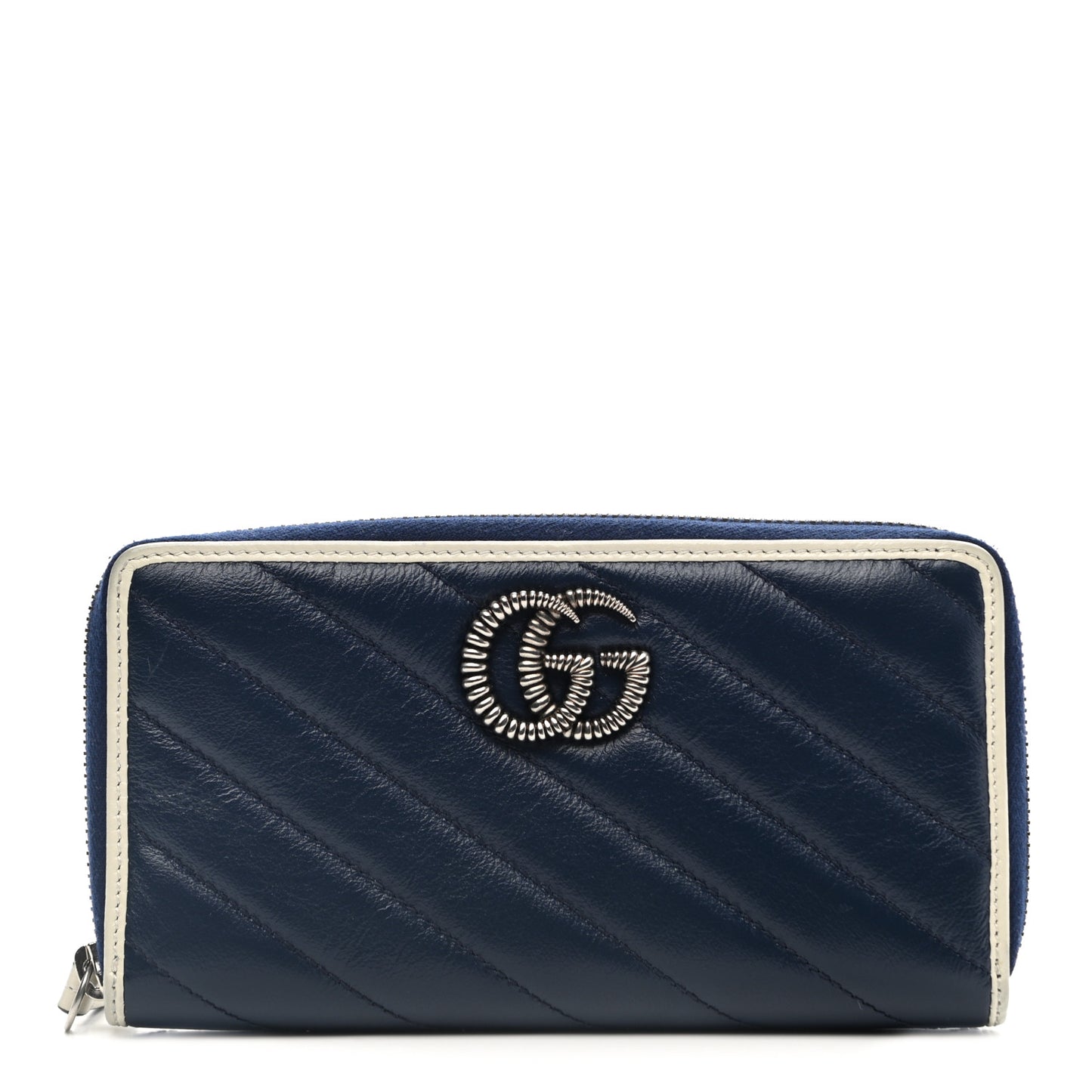 Vintage Effect Calfskin Matelasse Diagonal Torchon GG Marmont Zip Around Wallet Blue Agata Mystic White
