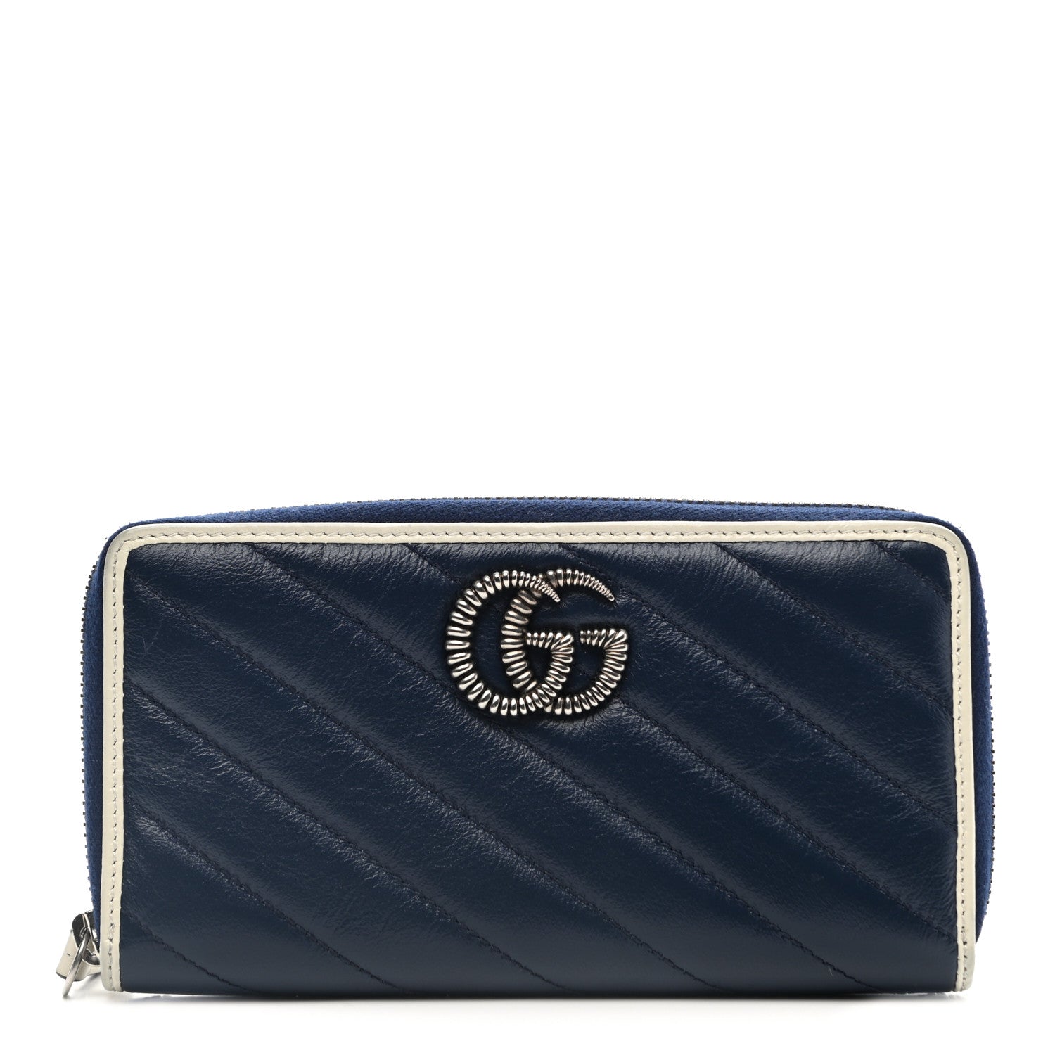 Gucci Vintage Effect Calfskin Matelasse Diagonal Torchon GG Marmont Zip Around Wallet Blue Agata Mystic White 1 of 8