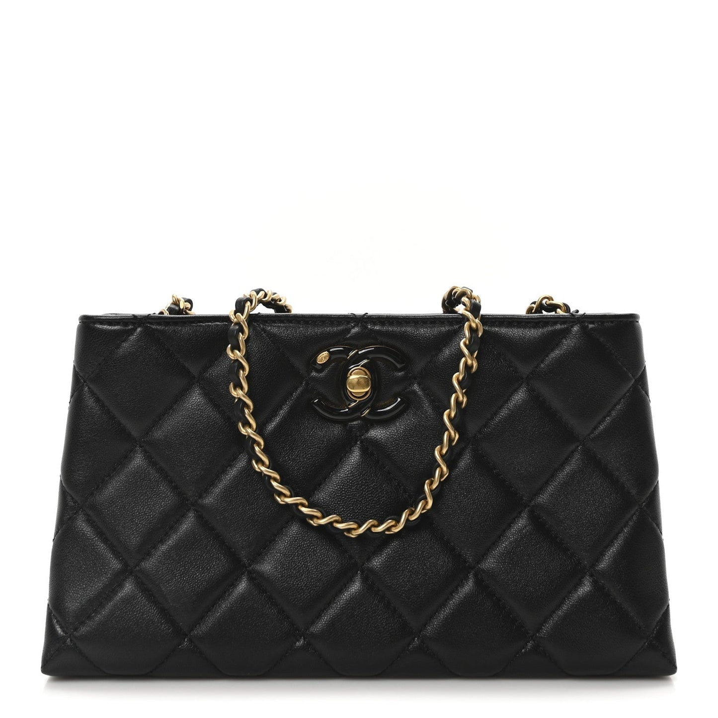 Lambskin Quilted Enamel Mini Shopping Bag Black