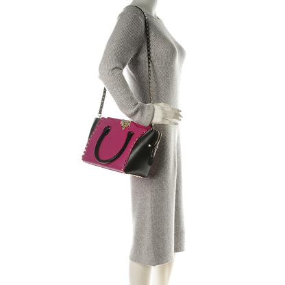 Valentino Garavani Vitello Bi-Color Small Rockstud Double Handle Tote Fuxia Black 2 of 8